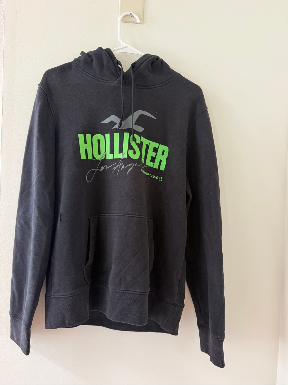 Hollister Hoodie Mens M Black Like New Neon Green Logo Pullover Pocket